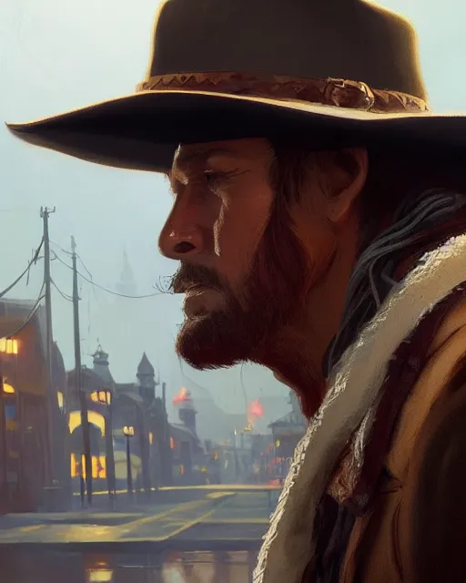 Image similar to the shadow, native American scarf, beige cowboy hat, western jacket and a bokeh western town background, highly detailed, hard light digital painting, artstation, concept art, sharp focus, illustration, inspired by greg rutkowski and alphonse mucha