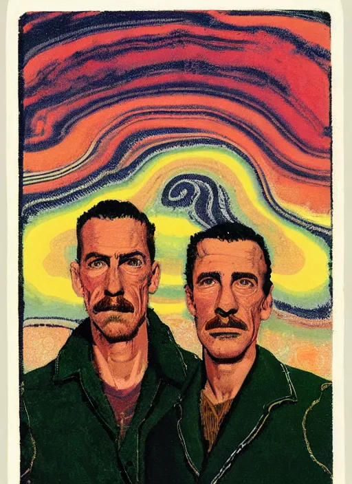 Prompt: an extreme close - up portrait of a man and his brother in a scenic representation of mother nature and the meaning of life by billy childish, thick visible brush strokes, shadowy painting by beal gifford, vintage postcard illustration, minimalist cover art by mitchell hooks