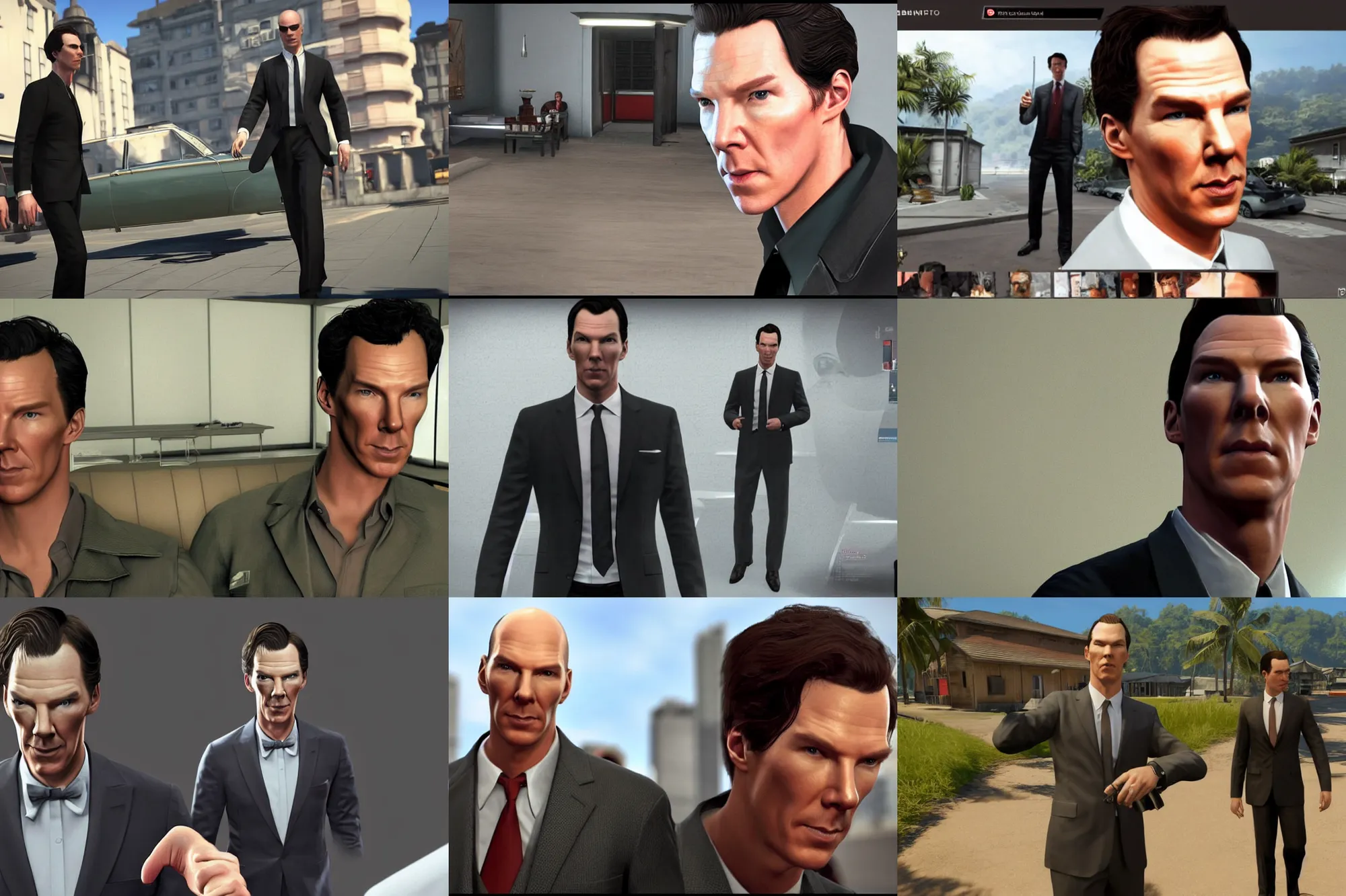 Prompt: a screenshot of benedict cumberbatch in the video game hitman 2. 3 d rendering. unreal engine. amazing likeness. very detailed. cartoon caricature.
