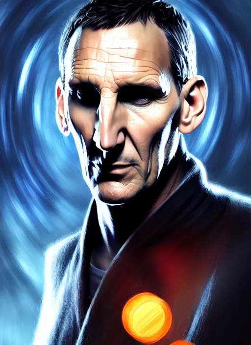 Image similar to portrait of christopher eccleston as the ninth doctor from doctor who, intricate, elegant, glowing lights, highly detailed, digital painting, artstation, concept art, smooth, sharp focus, illustration, art by wlop, mars ravelo and greg rutkowski