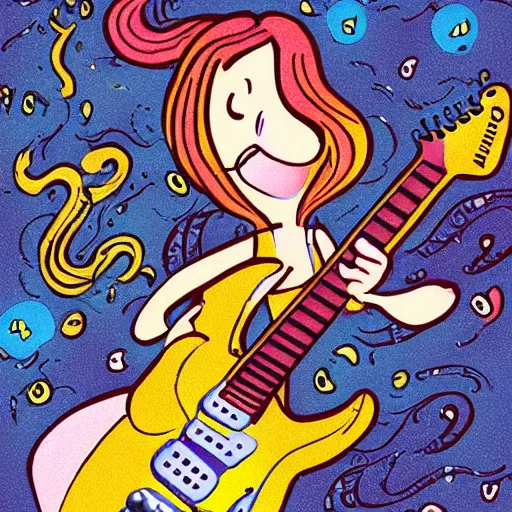 Image similar to illustration of a mermaid playing an stratocaster electric guitar, by Bill Watterson