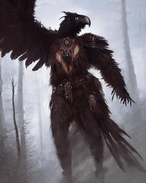 Image similar to oil painting of a Anthropomorphized bear shaman transforming into a raven, sharp focus, heroic pose, fantasy style, octane render, volumetric lighting, 8k high definition, by greg rutkowski, highly detailed, trending on art Station, magic the gathering artwork, Woodland background, centered