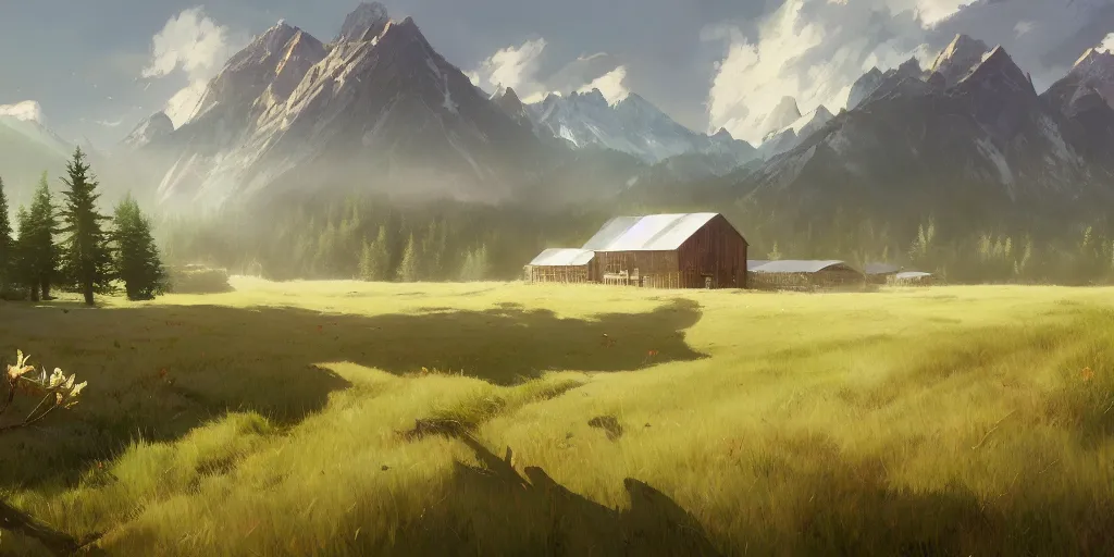 Image similar to mountainous forested wilderness open fields, beautiful views, painterly concept art, joanna gaines, environmental concept art, farmhouse, magnolia, concept art illustration by ross tran, by james gurney, by craig mullins, by greg rutkowski trending on artstation