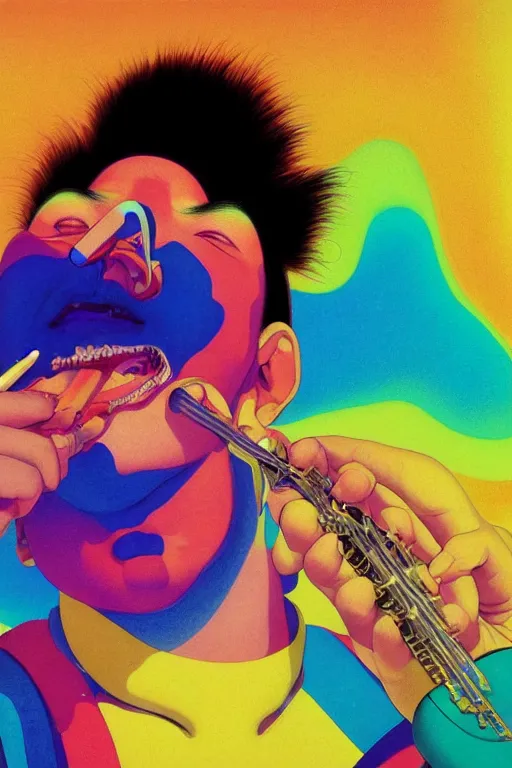 Prompt: a colorful vibrant closeup portrait of a glam musician licking a tab of lsd acid on his tongue and dreaming psychedelic hallucinations, by kawase hasui, moebius, edward hopper and james gilleard, zdzislaw beksinski, steven outram colorful flat surreal design, hd, 8 k, artstation