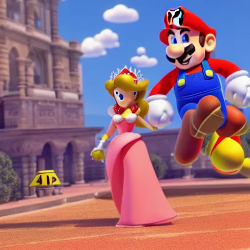 Image similar to super mario and hispanic princess peach spicy latina in pixar animated movie 4k octane render