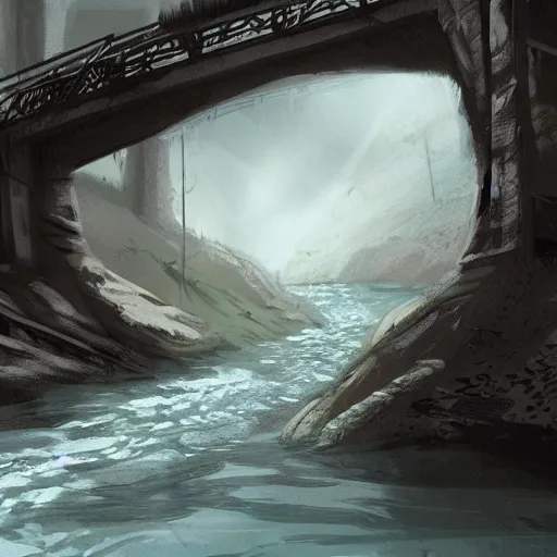 Prompt: a river flowing under a bridge, concept art by nina tryggvadottir