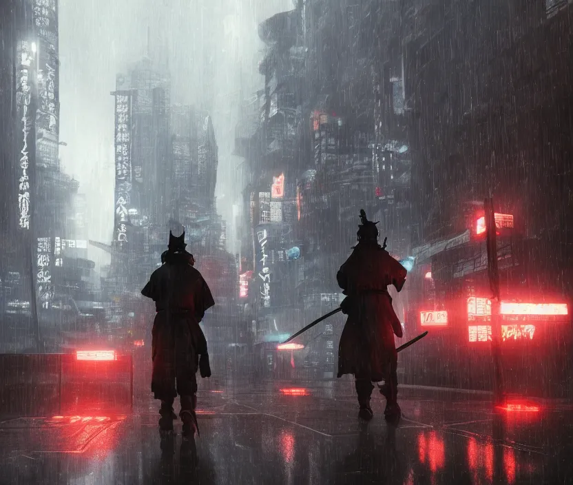 Image similar to 'a samurai in night city cyberpunk thematic , gloomy and foggy atmosphere, octane render, artstation trending, horror scene, highly detailded'