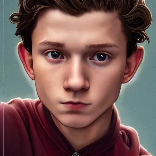 Image similar to Young tom holland, highly detailed, digital painting, artstation, concept art, smooth, sharp focus, illustration, ArtStation, art by artgerm and greg rutkowski and alphonse mucha and J. C. Leyendecker and Edmund Blair Leighton and Katsuhiro Otomo and Geof Darrow and Phil hale and Ashley wood and Ilya repin and Charlie Bowater