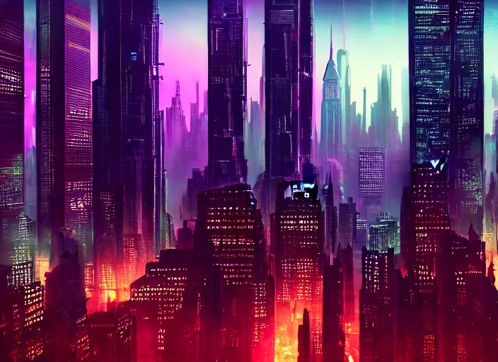 Image similar to cyberpunk scifi scene of new york skyline at night, drones flying, artstation, matt painting, very detailed, maximalism, ambient occlusion, volumetric light, atmospheric haze, unreal engine, hyper realism, realistic shading, cinematic composition, realistic render, octane render, detailed textures, photorealistic, wide shot