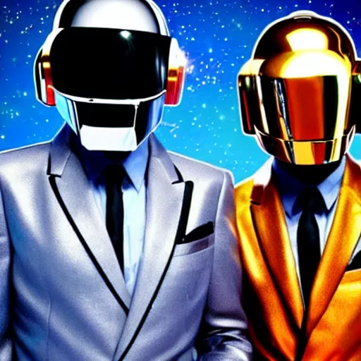 Prompt: Daft Punk duo near each other standing above a spaceship in space, realistic, high quality