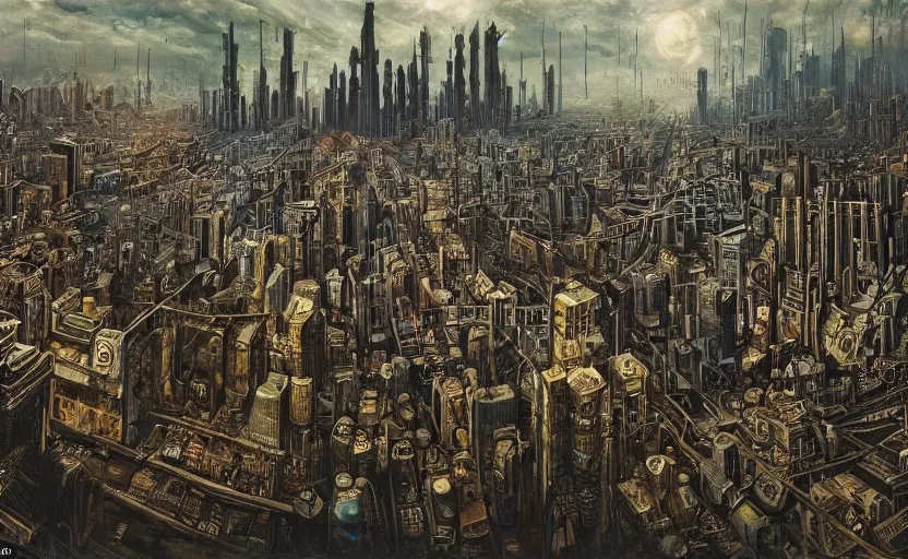 Prompt: a Dystopian gothic surrealism painting of a cyberpunk megalopolis full of archologies extending into the sky