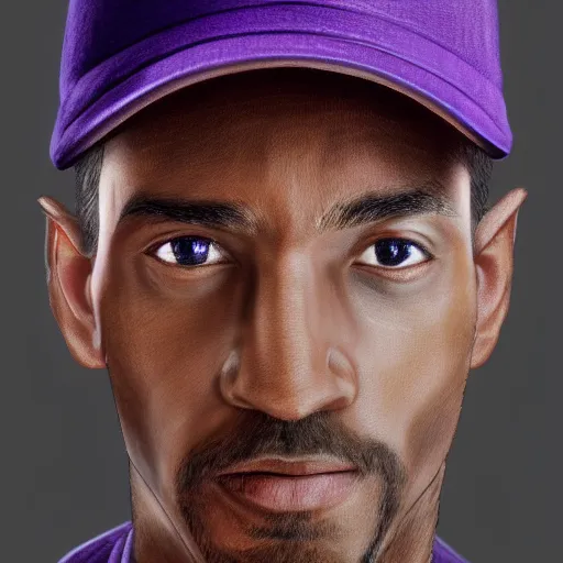 Prompt: a detailed portrait of a man wearing a purple cap art illustration, incredibly highly detailed and realistic, 8 k, sharp focus