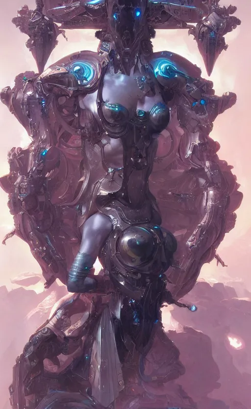 Prompt: Full lengh of a cyborg goddess by Wayne Barlowe and Peter Mohrbacher, detailed, sharp, digital art, trending on Artstation