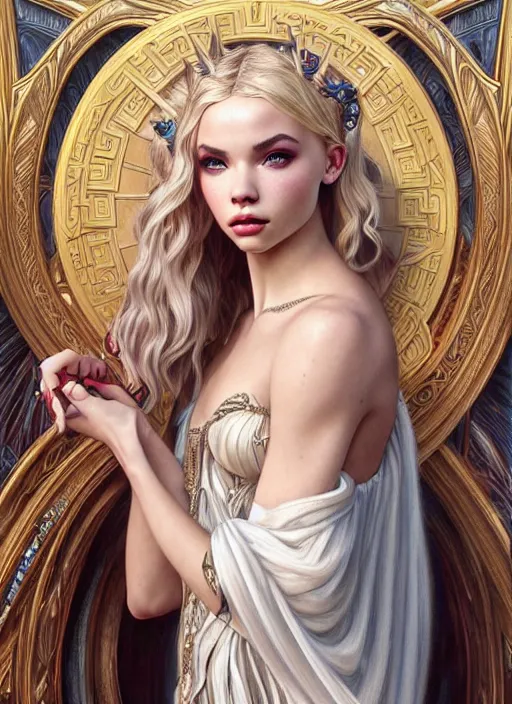 Image similar to ultra realistic illustration, a stunningly beautiful greek gothic goddess of chaos played by jordyn jones and dove cameron and margot robbie and taylor swift and megan fox, intricate, elegant, highly detailed, digital painting, artstation, concept art, smooth, sharp focus, illustration, art by artgerm and greg rutkowski and alphonse mucha