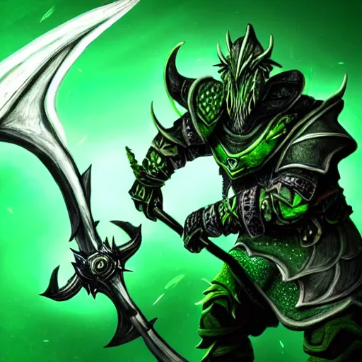 Image similar to A dragonborn with green scales and big wings, wearing futuristic clothing holding a scythe as a weapon, professional art