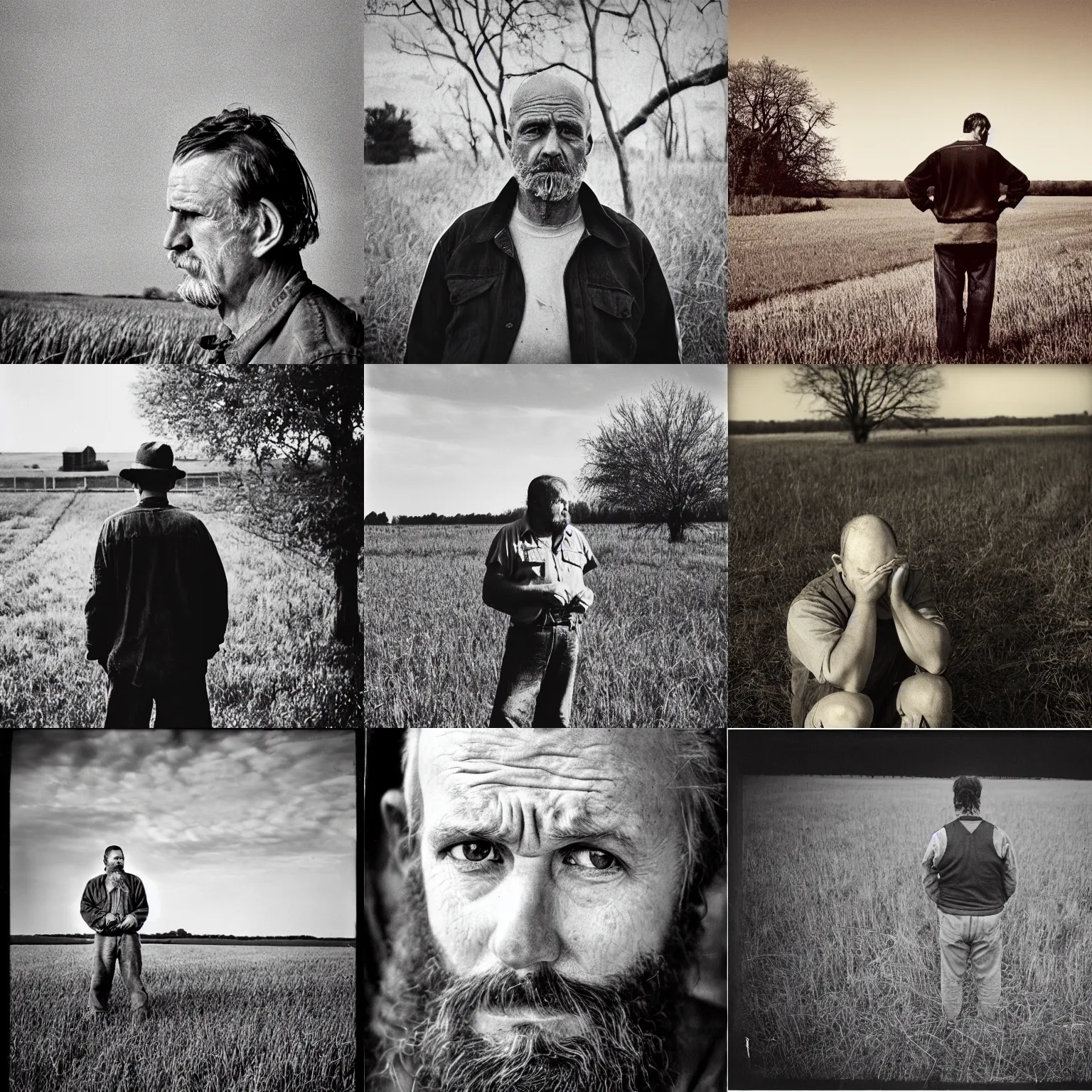 Prompt: A very sad man, near farm, outdoors, photograph, f2.8, dramatic, balding hair, redneck, film grain, large format, 1950