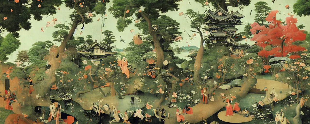 Prompt: Japanese Garden by Hieronymus Bosch and James Jean, Ross Tran, Green Screen Background, hypermaximalist, 8k, surreal oil painting, highly detailed, dream like, masterpiece