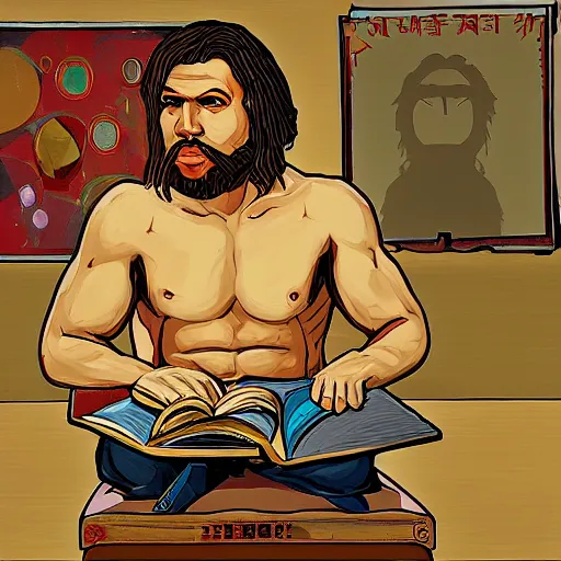 Image similar to an painting with saint homo neanderthalis with book of science on hand, gta chinatown wars art style, hyperrealistic, rgba colors, remove duplicate content, justify contents center.