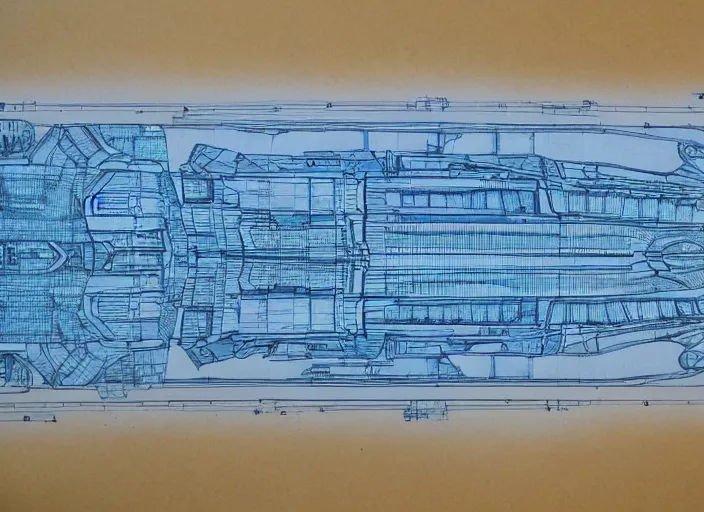 Image similar to a highly detailed blueprint of a giant spaceship, by karanak