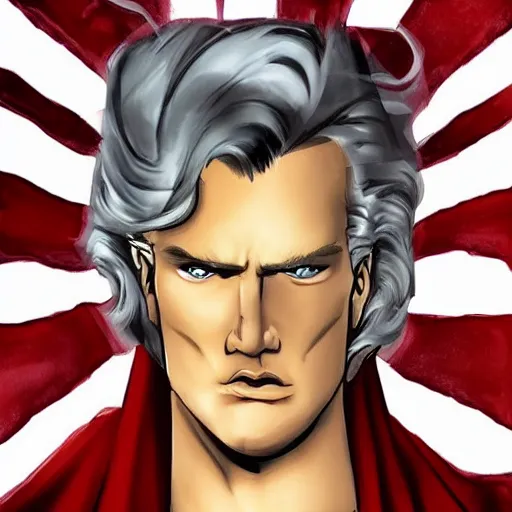 Image similar to portrait of a evil blonde superman with blonde hair he is blinde and thin face lines, his cape is the american flag, he is angry