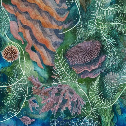 Image similar to delicate coast sea garden on paper, spirals, stony, puffy, vines, botanical herbarium, botanic watercolors, iridescent, 8 k wide angle, realistic shaded, fine details, artstation, italian, rainbow, colonnade, oak, pinecone, pomegranade, vines, gardena architecture, pompeian, sicilian