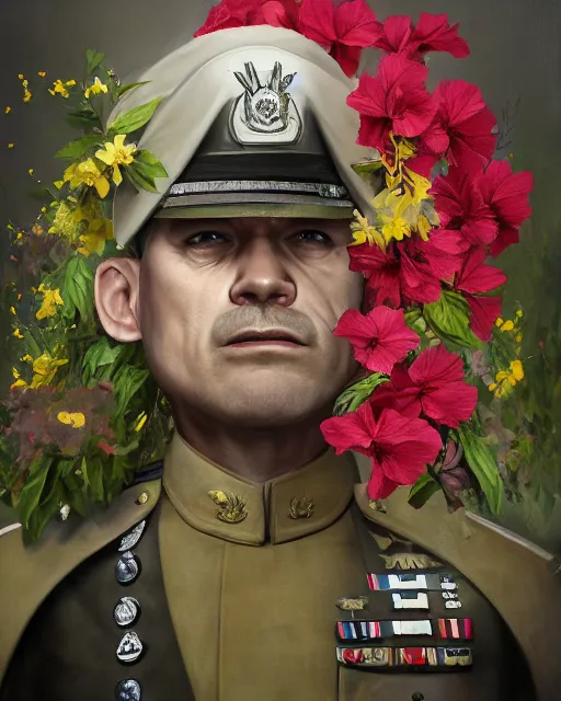 Prompt: a beautiful portrait photo of a angry military general man in uniform, looking very angry, covered by hibiscus, daffodils, hydrangea, montsera leaves by tom bagshaw and zach sutton, explosion of flowers, very detailed, artstation, 8 k