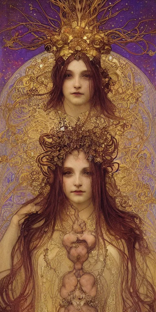 Prompt: portrait burning saint face, venus, athena, halo, by alphons mucha and annie swynnerton and jean delville, strong dramatic cinematic lighting, ornate headdress, flowing robes, spines, flowers, stars, lost civilizations, smooth, sharp focus, extremely detailed, marble, molten gold, space