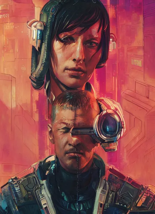 Image similar to cyberpunk space pilot character ( blade runner 2 0 4 9, dystopian, cyberpunk 2 0 7 7 character design ). attractive face. portrait by james gurney and laurie greasley and yoji shinkawa, oil on canvas. cinematic composition, hyper realism, realistic proportions, anatomy, dramatic lighting, photorealistic, high detail, 4 k