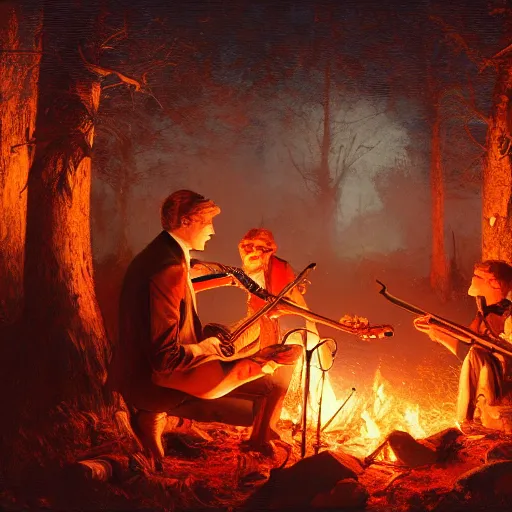 Image similar to cute caracals in red ties playing a guitar near campfire, night, atmospheric lighting, intricate, volumetric lighting, digital art, highly detailed by gaston bussiere, craig mullins, j. c. leyendecker 8 k