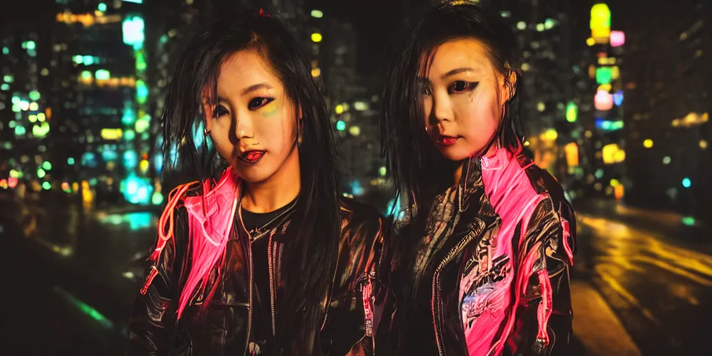 Image similar to photo portrait of an Asian woman with long Mohawk down hair wearing neon cyberpunk jacket, cinematic shot, night lighting, dslr bokeh depth of field