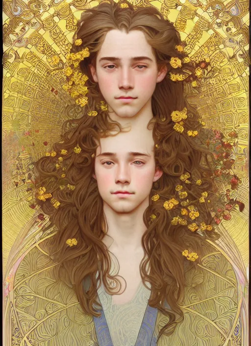 Image similar to pretty young man with shoulder length shiny shimmering golden blond hair, half body shot, emotional, decorative flower patterned background, path traced, highly detailed, high quality, digital painting, by studio ghibli and alphonse mucha, leesha hannigan, hidari, disney, jules bastien - lepage