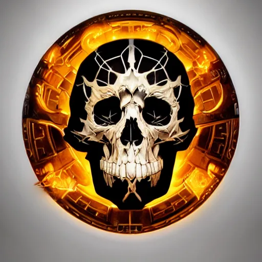 Prompt: divine skull symbol glowing in white yellow light spell scroll art by artgerm and greg rutkowski and Craig Mullins, James Jean, Andrey Ryabovichev, Mark Simonetti and Peter Morbacher 16k