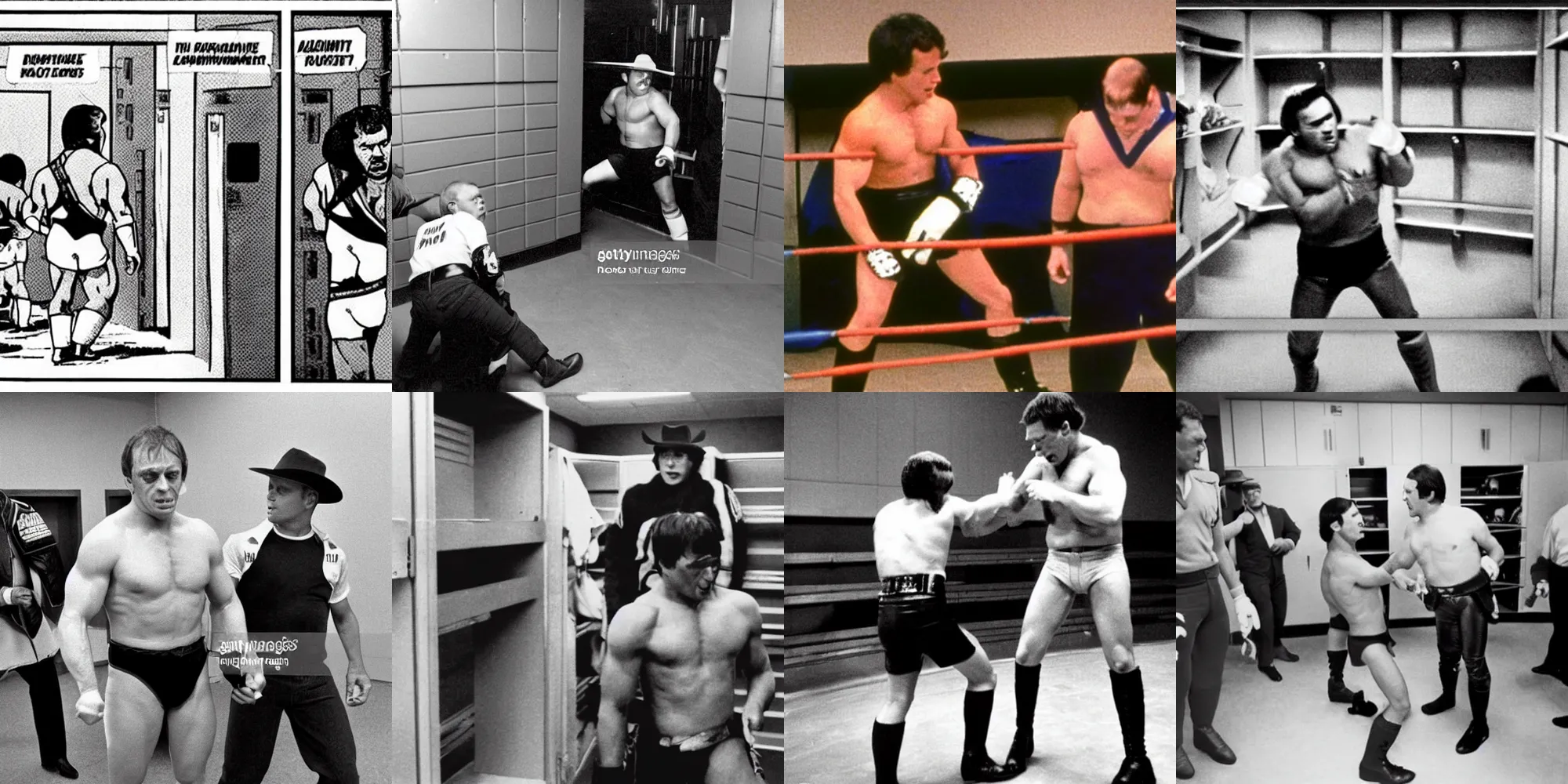 Prompt: the mountie fighting dynamite kid in the locker room, 1 9 8 4, wwf, locker room, missing teeth