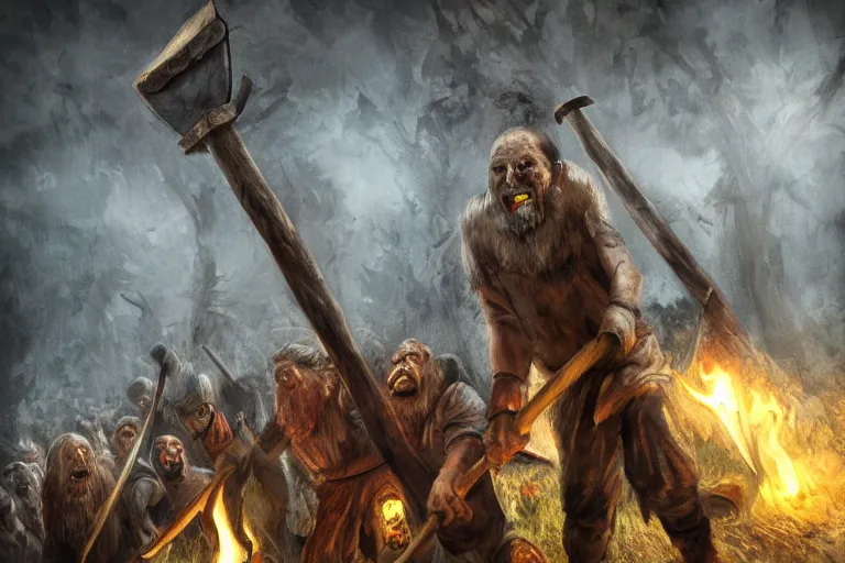 Prompt: villagers with axes and pitchforks, village, screaming faces, torches, dark night, highly detailed digital art, photorealistic