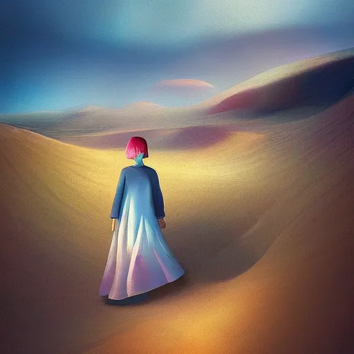 Image similar to portrait, giant dahlia flower head, girl walking between dunes, surreal photography, sunrise, blue sky, dramatic light, impressionist painting, digital painting, artstation, simon stalenhag