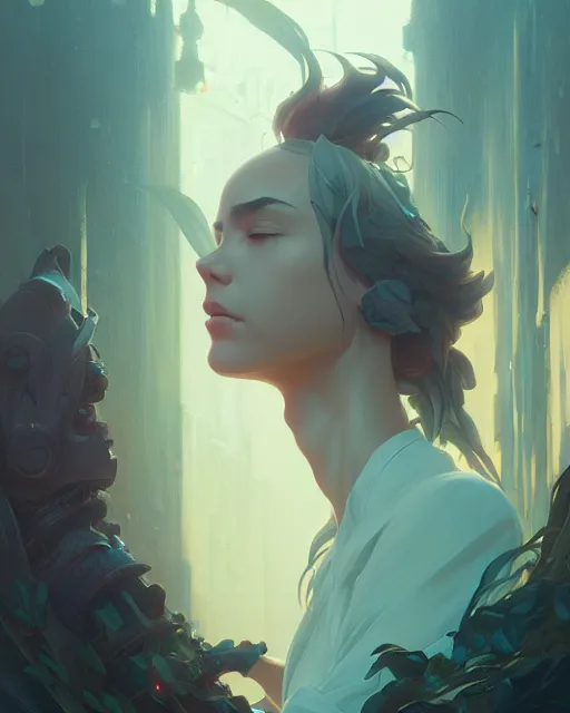 Image similar to highly detailed vfx portrait of sorrow, unreal engine, greg rutkowski, loish, rhads, beeple, makoto shinkai and lois van baarle, ilya kuvshinov, rossdraws, tom bagshaw, alphonse mucha, global illumination, detailed and intricate environment