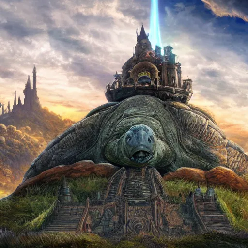 Image similar to large fantasy castle riding on the top of a giant tortoise, towering over a harsh wasteland with sharp rays of sunlight, howls moving castle, mortal engines, kaiju, distant - mid - shot, fantasy, hyper detailed, 4 k
