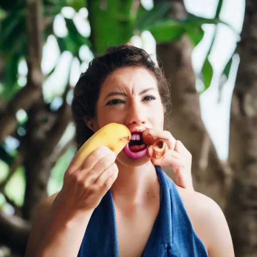 Image similar to close up photography of a woman that is about to bite into a banana but she just didnt do it yet, profile, close camera