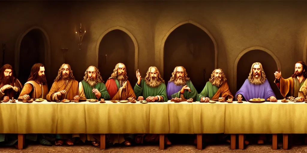 Image similar to lord of the rings last supper by wes anderson, digital painting, trending on artstation, sharp focus, 4 k