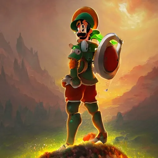 Prompt: Luigi made of earth and molten metal with heavy knight armor in the style of anime by Peter Mohrbacher, Matte painting of mushroom kingdom in background, hundreds of red and white spotted mushrooms in distance anime trending on artstation, HD, 4k,