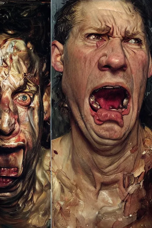 Prompt: portrait of a man enraged, part by Jenny Saville, part by Lucian Freud, part by Norman Rockwell