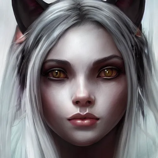 Image similar to 3/4 headshot of young female cat girl, D&D, cute, fantasy, intricate, short hair, black skin, cat face, cat nose, cathead, cat ears, white hair, highly detailed, digital painting, artstation, concept art, smooth, sharp focus, illustration, art by artgerm and H R Giger and alphonse mucha