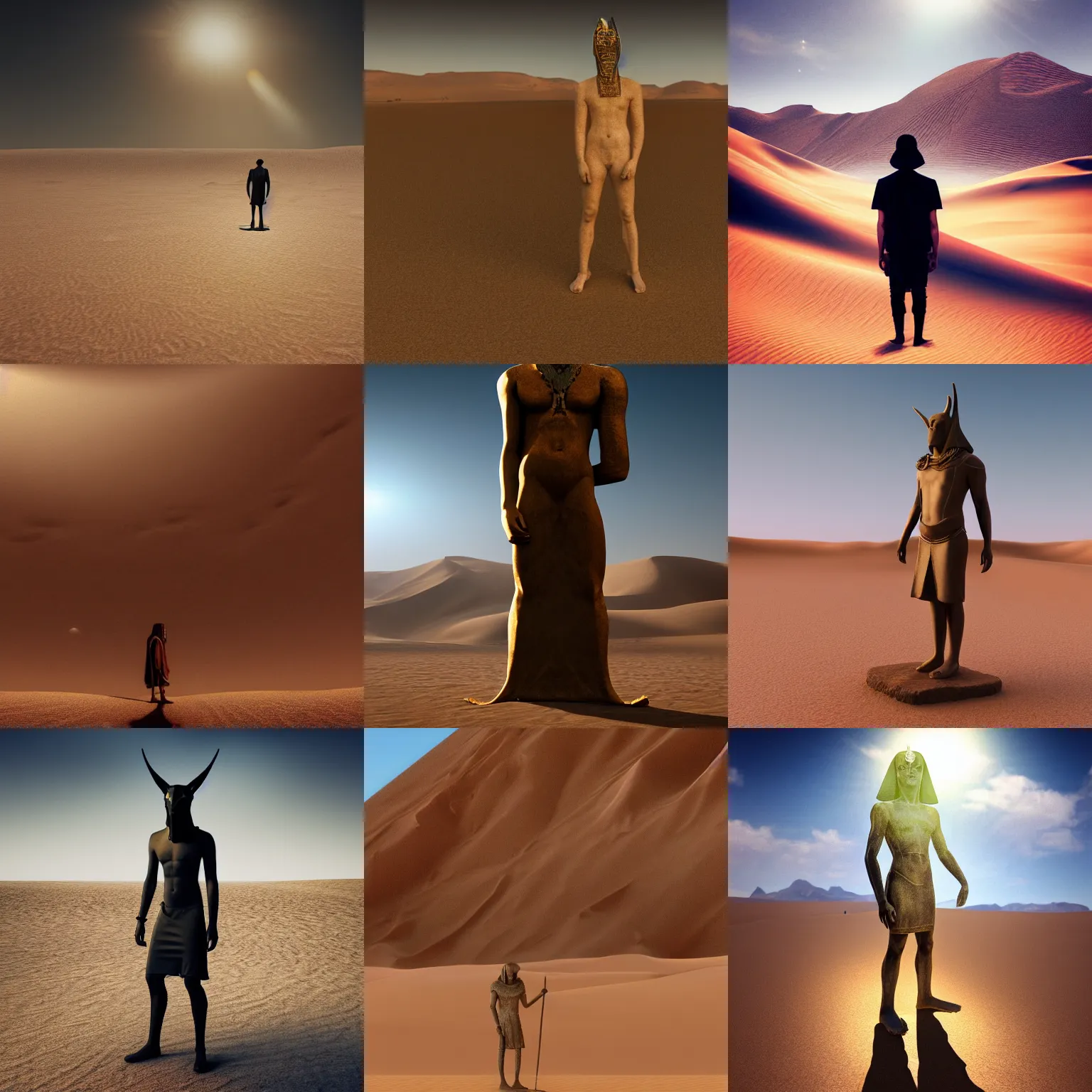 Prompt: photo of man standing in desert, but man is anubis, spirits, ghosts, mist, satanic, satan, vray, masterpiece, trending on mentalray