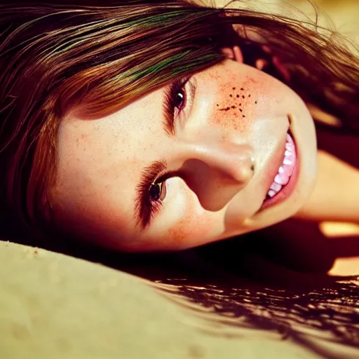 Image similar to portrait of a cute thin young woman, bronze brown hair, eye color is emerald green, red blush, cute freckles, smug smile, modern clothes, relaxing on the beach, golden hour, close up shot, 8 k, art by irakli nadar, hyperrealism, hyperdetailed, ultra realistic