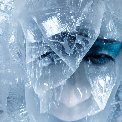 Prompt: see through clear sheet of ice sheet of ice in front of face behind ice face behind ice