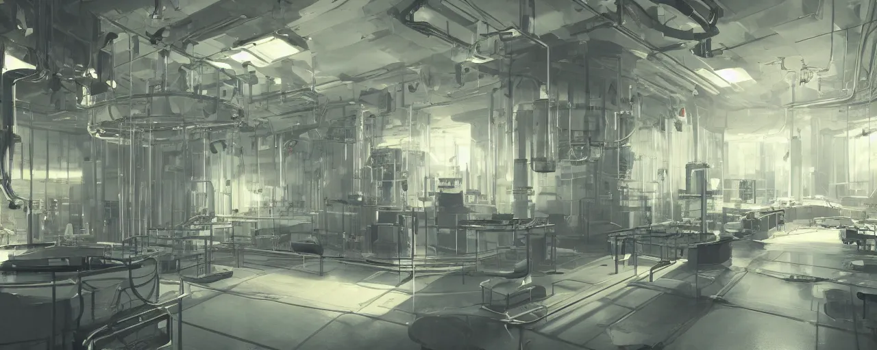 Image similar to interior of a lab with a reactor in the middle of the room and lots of wirings hanging from ceiling and pipes in the walls with big exhaust fan on the wall scifi, 8 k uhd, unreal engine, octane render in the artstyle of finnian macmanus, john park and greg rutkowski