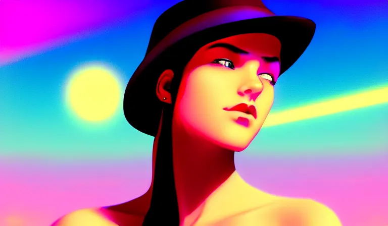 Image similar to a beautiful and immaculate young teenager girl with fedora hat. synthwave. outrun style. trending on artstation. recommended for you behance. by chris moore. by edward hopper. metropolis filmic. gotham city.