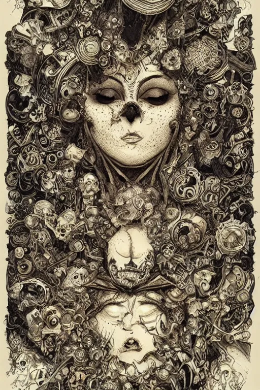 Image similar to portrait of thousands of cartoon faces that are made up of faces, black paper, baroque, rococo, tarot card with ornate border frame, marc Simonetti, paul pope, peter mohrbacher, detailed, intricate ink illustration