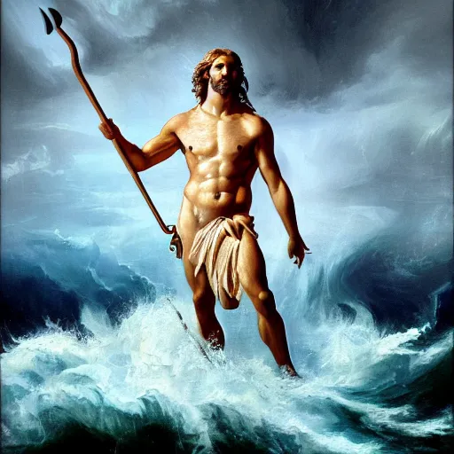 Prompt: poseidon standing at center frame back turned to the camera, holding a trident, with his back turned to the camera, a storm ahead, high res, oil painting, realistic, water, greek god, epic composition, masterpiece, award winning, low exposure