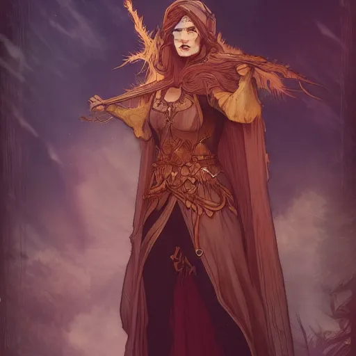 Image similar to a female warlock posing for photo , dynamic pose, natural lighting, medium level shot , epic scene, Mucha style , Grim fantasy, illustration ,concept art,